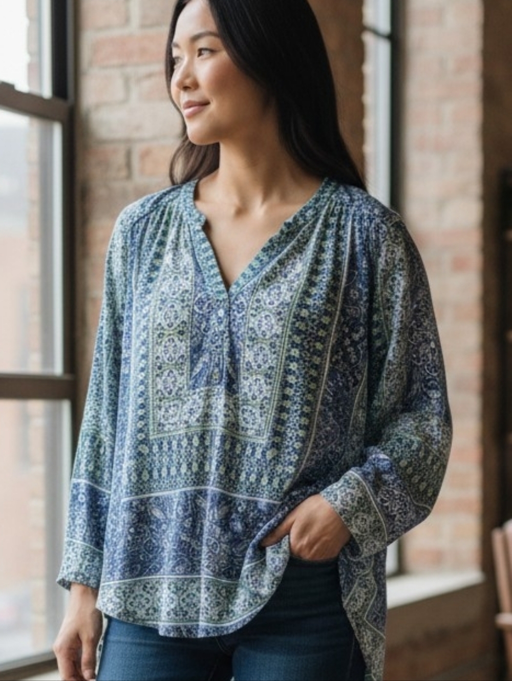 Lucky Brand Boho Print Blouse Women’s Large Green Blue Peasant Top